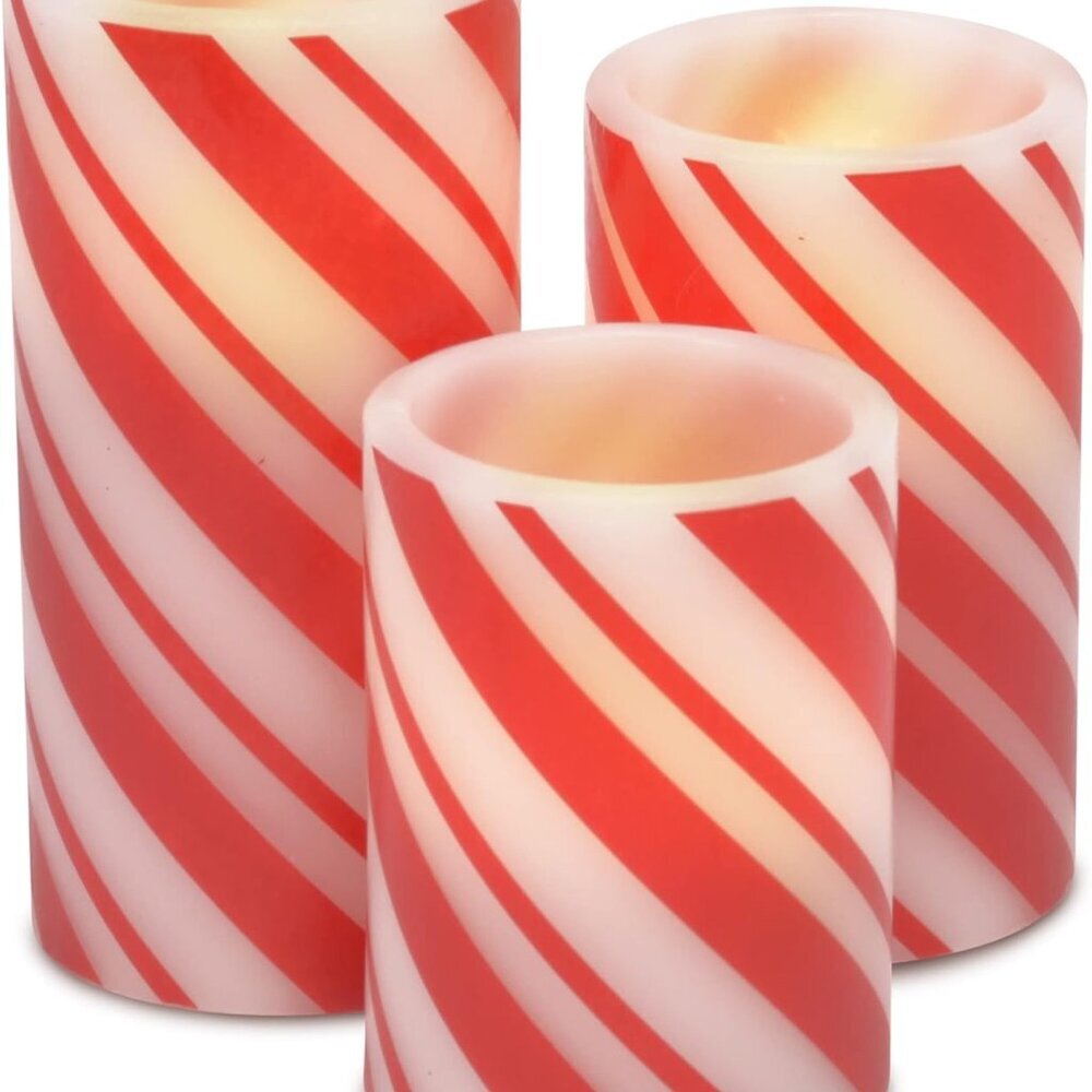 Candy Cane Stripe Holiday LED Flameless Pillar Candles, Set of 3, 6 Inch